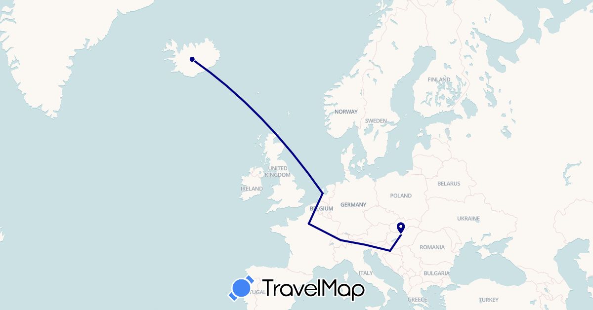 TravelMap itinerary: driving in Switzerland, France, Croatia, Hungary, Iceland, Netherlands (Europe)
